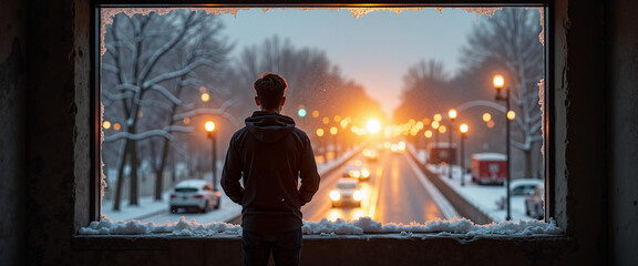 Person's silhouette looking out frosty window at city lights in winter  
