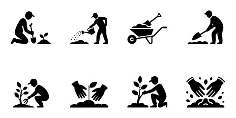 Set of gardening icons showing planting and growing plants, simple black vector for agricultural and environmental concepts