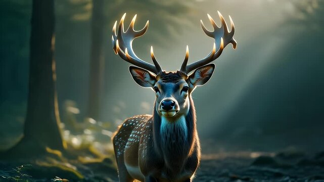 Majestic deer with large antlers standing in a sunlit forest.