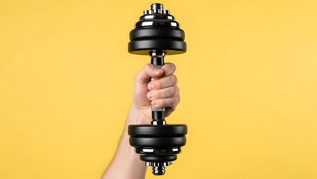 Hand holding a black weight bar for fitness training and exercise on a yellow background, symbolizing strength and health