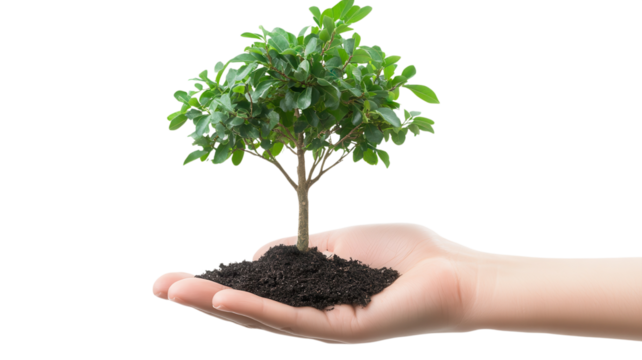 Hands holding a small tree with soil, symbolizing growth and environmental care in a nurturing setting. - Powered by Adobe