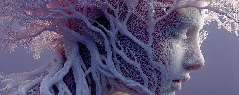 Intricate human head with interconnected tree-like structures blending nature and mind