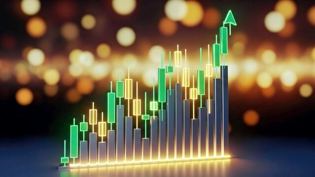 Financial Candlestick Chart Trending Upward against Deep Bokeh Light Background