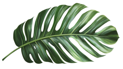 Large green monstera leaf with unique cut patterns showcases vibrant tropical beauty in a simple composition.