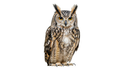 Isolated Eurasian eagle-owl, majestic bird of prey with bright orange eyes and ear tufts