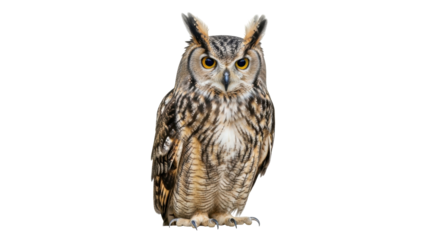 Isolated Eurasian eagle-owl, majestic bird of prey with bright orange eyes and ear tufts