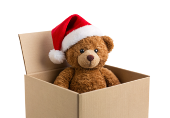 Teddy bear with Santa hat sitting in box, isolated on a transparent background