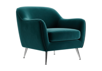 Isolated plush teal velvet accent chair with steel legs for interior design home decor