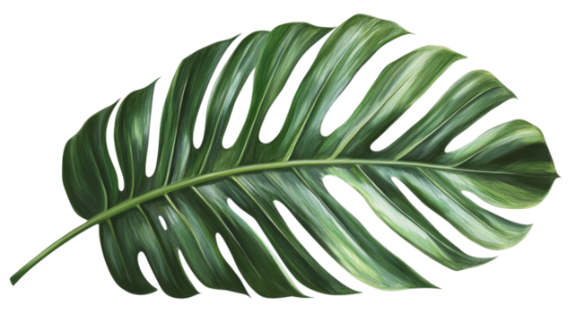 Large green monstera leaf with unique cut patterns showcases vibrant tropical beauty in a simple composition.