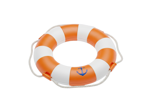 Orange and White Striped Lifebuoy With Blue Anchor Emblem and White Ropes Isolated On Transparent Background