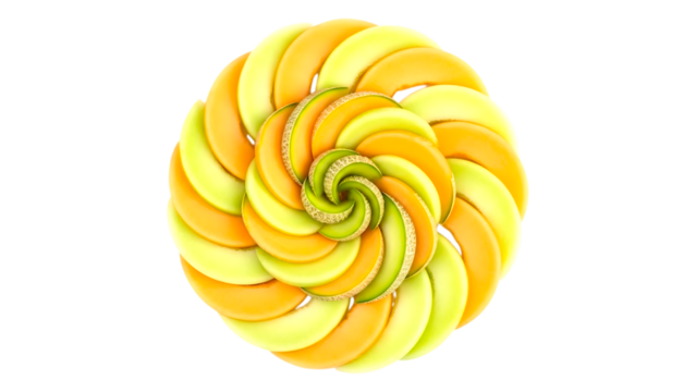 Fresh melon slices arranged in a vibrant spiral pattern, healthy food.