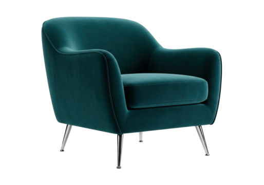 Isolated plush teal velvet accent chair with steel legs for interior design home decor