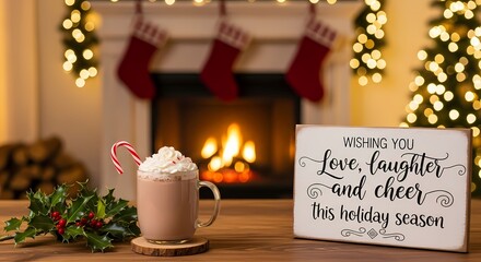 Cozy Christmas scene: A warm, inviting Christmas scene featuring a comforting cup of hot chocolate with whipped cream, Christmas decorations and a message wishing you love, laughter and cheer .