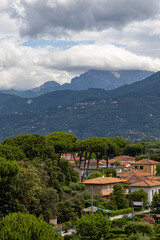 Fototapeta premium Viareggio Italy, panorama of the city and the Mountains. Aerial landscape
