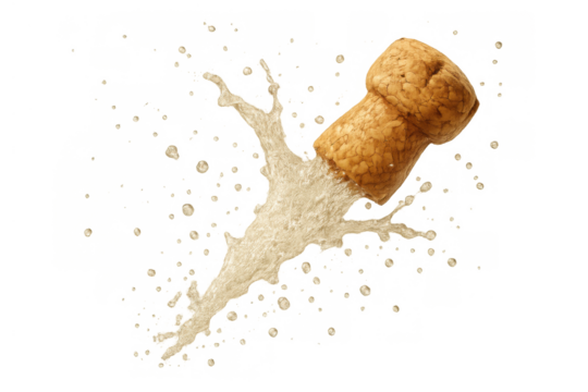 Champagne cork popping with vibrant splash of bubbly liquid, celebrating success, new year, party time and anniversary