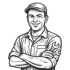 cheerful male mechanic in uniform and cap, symbolizing skilled labor and craftsmanship sketch engraving fictional character vector illustration. Scratch board. Black and white image.