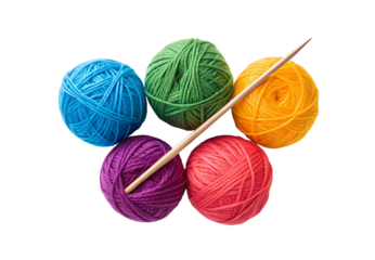 Five colorful yarn balls arranged in circle with wooden knitting needle, isolated on a transparent background