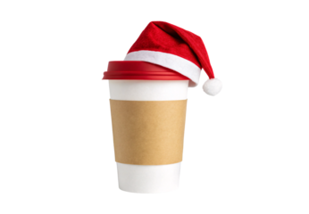 White coffee cup with brown sleeve wearing red Santa hat, isolated on a transparent background
