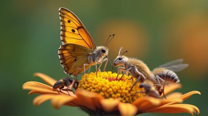 Fototapeta premium Butterfly Bee and Ant on Flower