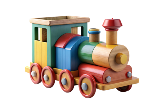 Colorful wooden toy train with cargo blocks and red wheels attached, isolated on a transparent background