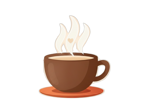 Steaming Chocolate Cup with Heart Detail on Orange Saucer on Transparent Background Simple Flat Illustration Warm Beverage Concept