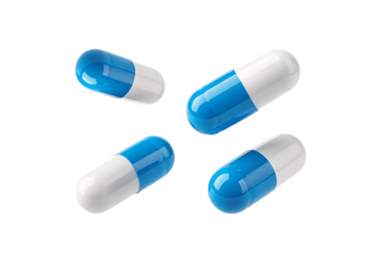 Blue white pharmaceutical capsules medicine pills scattered arrangement glossy surface, isolated on a transparent background
