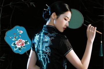 Woman in traditional embroidered qipao holding a decorative fan against a dark background with bamboo elements