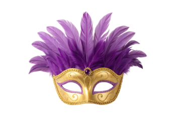 Elegant gold purple masquerade mask with feathers for carnival costume party, isolated on a transparent background