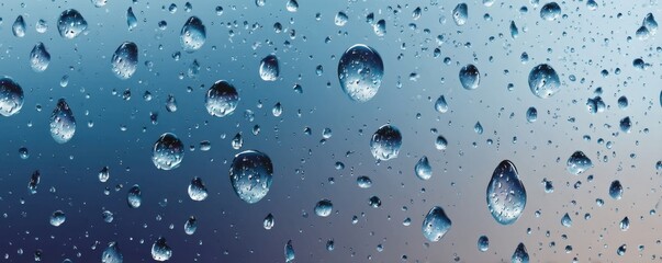 Raindrops on glass close-up with blue gradient background creating a moody, abstract pattern.