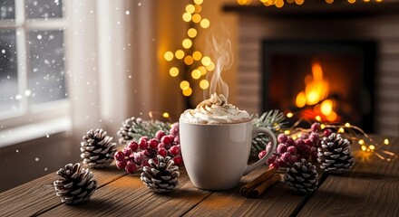 Cozy Winter Cocoa: A steaming mug of cocoa adorned with whipped cream sits amidst festive decorations, a warm fireplace softly glowing in the background, conjuring feelings of comfort and nostalgia.