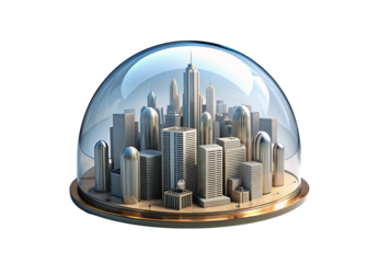 Miniature city skyline under glass dome protective bubble urban display, isolated on a transparent background