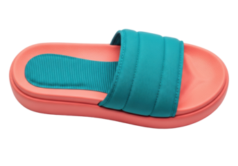 Isolated slip-on sandal in rose and teal aqua color, contemporary design, summer fashion item