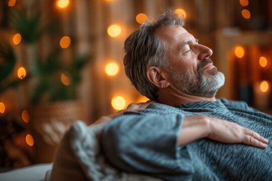 Middle age man relaxing with back massage adult contemplation illuminated.