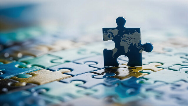World map puzzle piece on assembled jigsaw, symbolizing global connection, business strategy, and problemsolving
