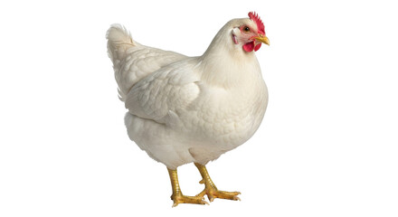 Isolated purebred white chicken standing, looking forward, farm animal close-up shot in studio