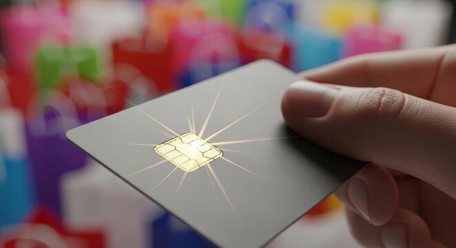 Close-up of a hand holding a credit card with a glowing EMV chip for secure digital payments and - Powered by Adobe