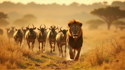 Lion Running with Wildebeest