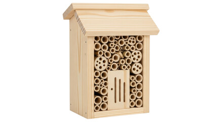 Isolated handmade natural wooden insect house, eco-friendly habitat for beneficial insects