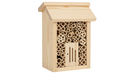 Isolated handmade natural wooden insect house, eco-friendly habitat for beneficial insects