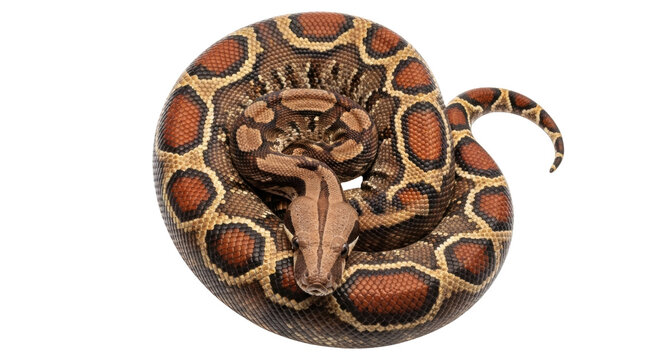 Isolated Blood Python curled up in a coil ready to strike, reptile wildlife portrait studio shot