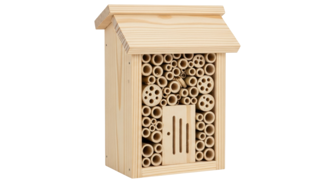 Isolated handmade natural wooden insect house, eco-friendly habitat for beneficial insects