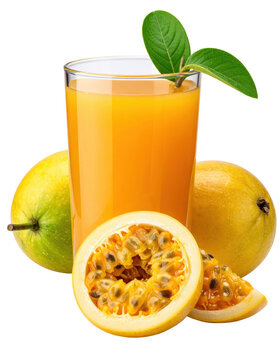 Iconic hawaiian pog beverage with passion fruit, orange, and guava flavors in a jar, isolated on a stark white background