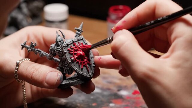 Closeup of hands carefully painting a miniature knight figurine with vibrant red paint detailing on its shield for a tabletop war game hobbyist in a creative workspace