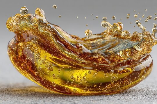 Gold liquid splash in motion with bubbles and dynamic waves, a luxurious macro oil shot - Powered by Adobe