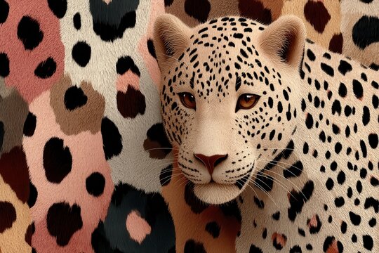 Leopard among leopard print pattern in close up, warm tones, spotted fur, wild elegance - Powered by Adobe