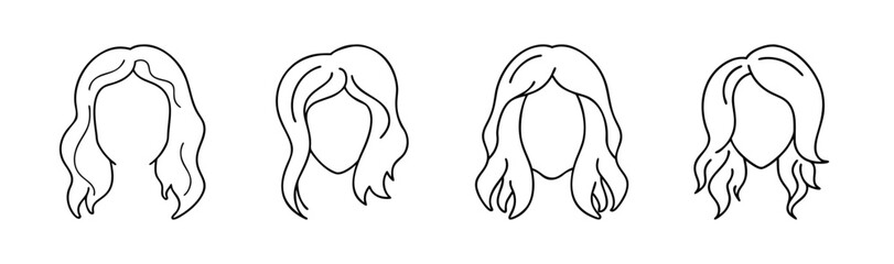 Women's medium length wavy and curly hairstyle outline icons set