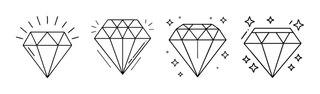 Diamond line icons set. outline vector gem collection with sparkle effects.