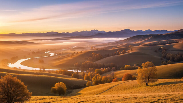 Breathtaking panoramic view of a misty valley and winding river at sunrise, surrounded by golden rolling hills - Powered by Adobe