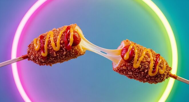 Neon-lit korean corndog with cheese pull