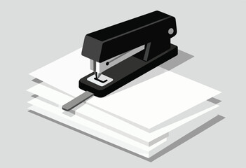 A stylized illustration of a black stapler resting on top of a stack of white paper, simple and clean